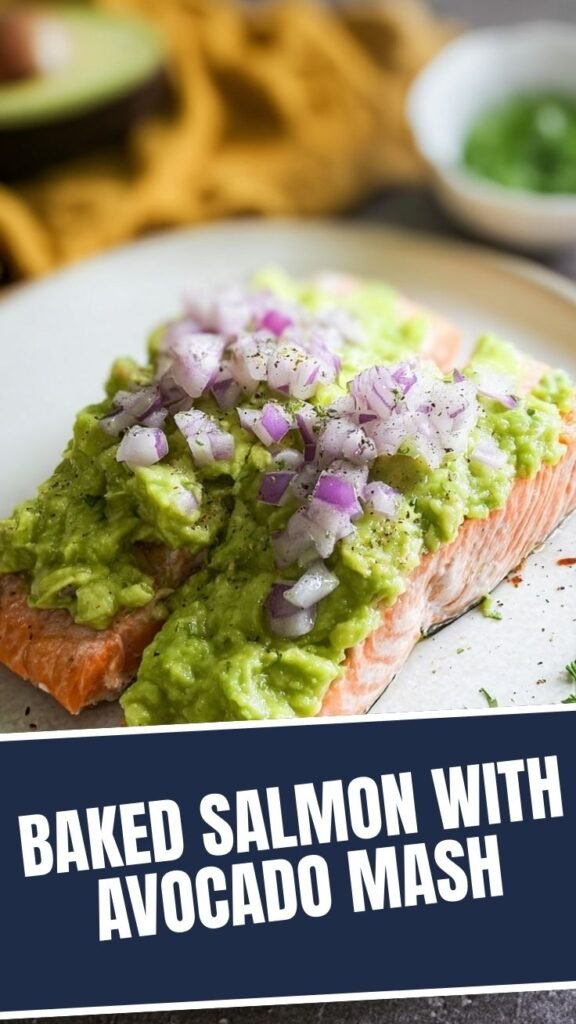 Baked salmon fillet served with a vibrant green avocado mash