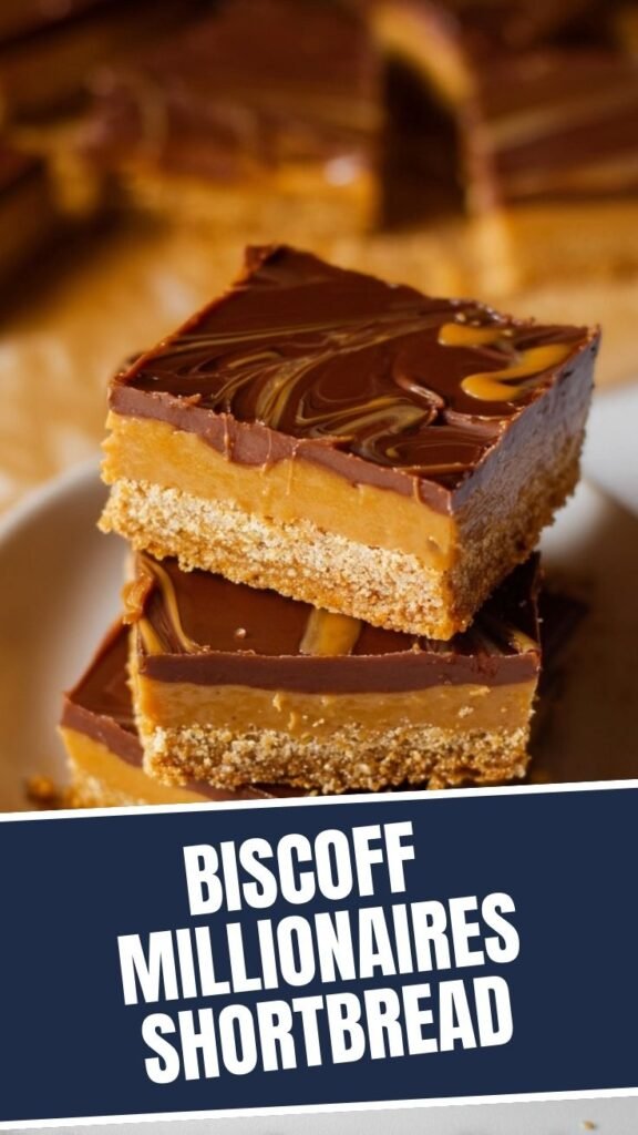 A close-up of delicious Biscoff Millionaires Shortbread showing the crunchy Biscoff base, smooth caramel, and chocolate topping.