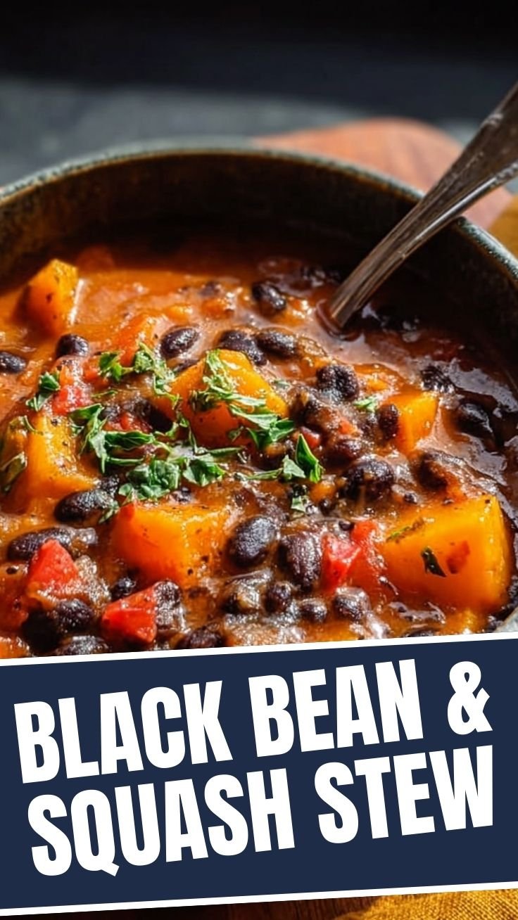 A bowl of rich black bean and squash stew with vibrant spices