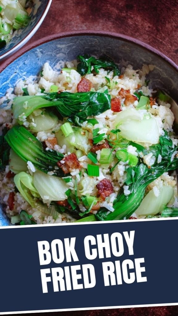 A close-up shot of a bowl of freshly made Bok Choy Fried Rice with visible crisp green bok choy pieces and grains of rice.