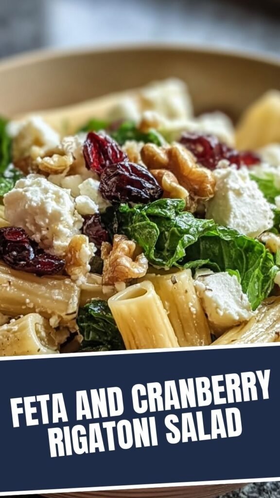 A vibrant bowl of creamy feta and cranberry rigatoni salad, ready to serve.