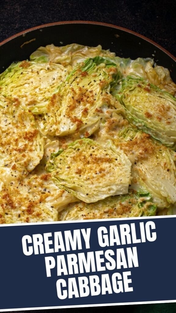 A serving of creamy garlic parmesan cabbage in a white bowl