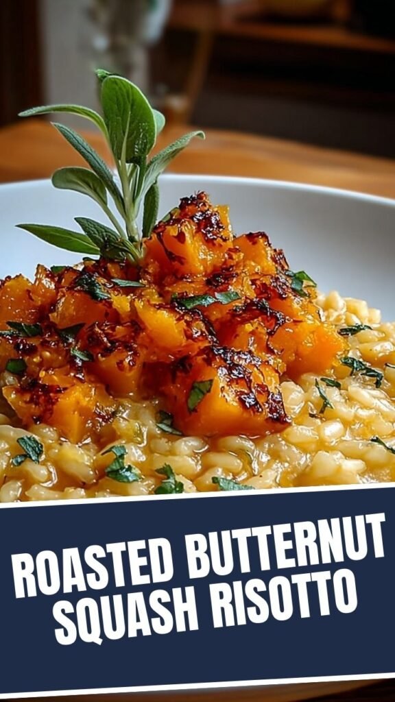 A serving of creamy roasted butternut squash risotto in a white bowl.