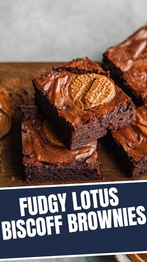 Close-up of rich fudgy lotus biscoff brownies with swirls of cookie butter