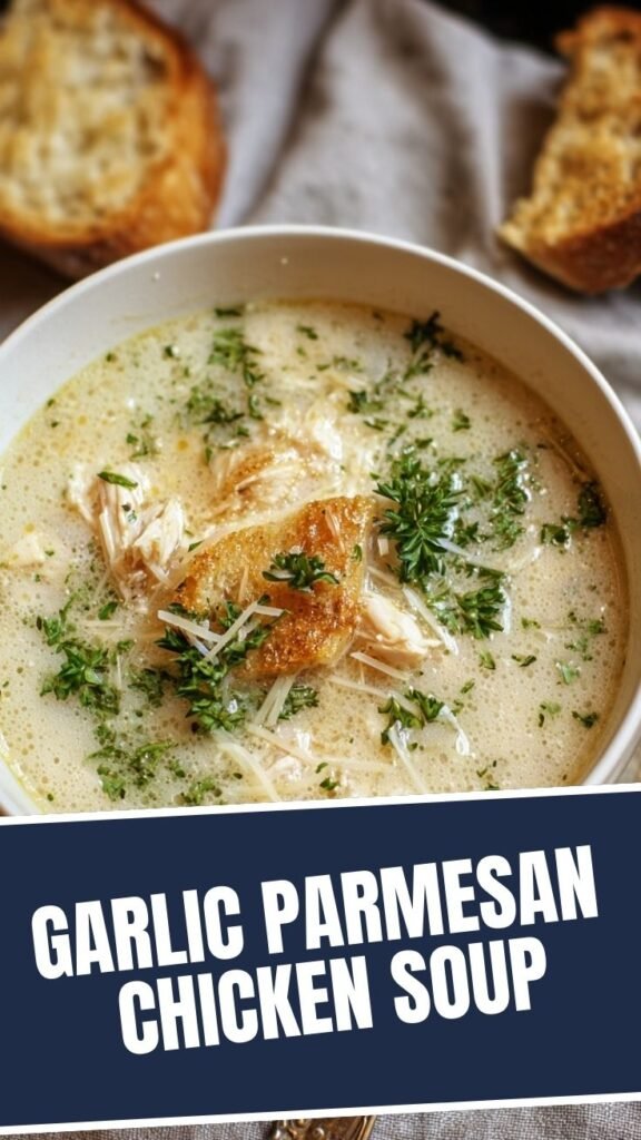 A bowl of rich garlic parmesan chicken soup, garnished with fresh herbs.