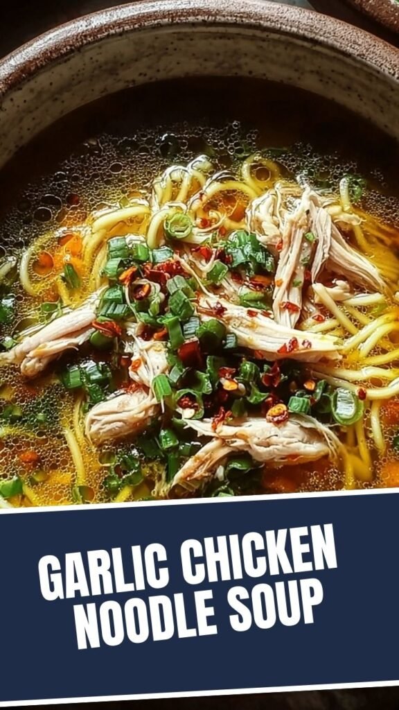 A bowl of steaming ginger garlic chicken noodle soup, garnished with fresh herbs.
