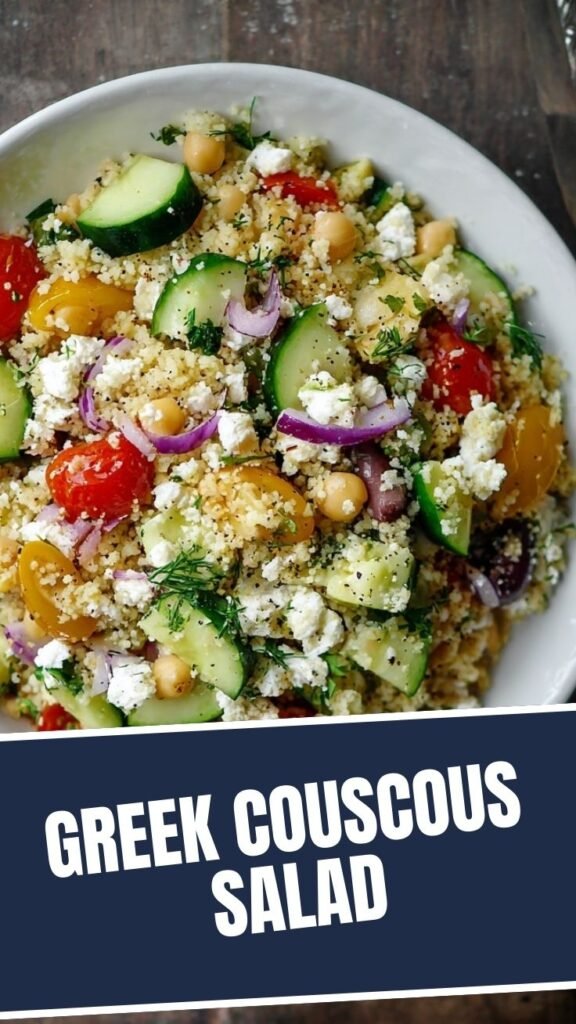 A vibrant bowl of Greek couscous salad with fresh vegetables and feta.