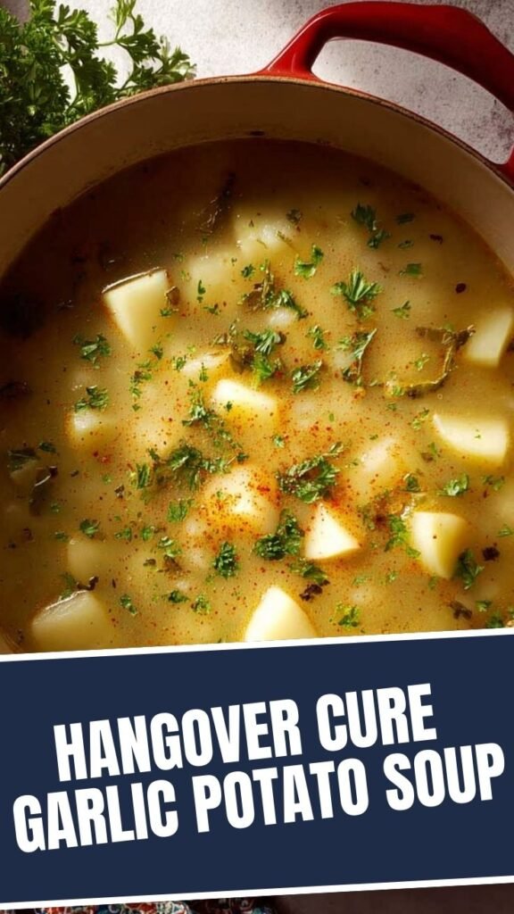 A comforting bowl of hangover cure garlic potato soup, rich and creamy, perfect for recovery.