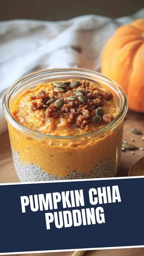 Pumpkin chia pudding served in a glass jar, garnished with pumpkin seeds and a cinnamon stick