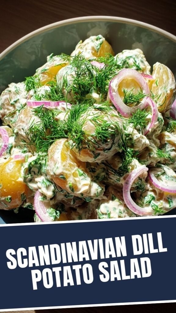 A fresh bowl of Scandinavian dill potato salad with creamy dressing