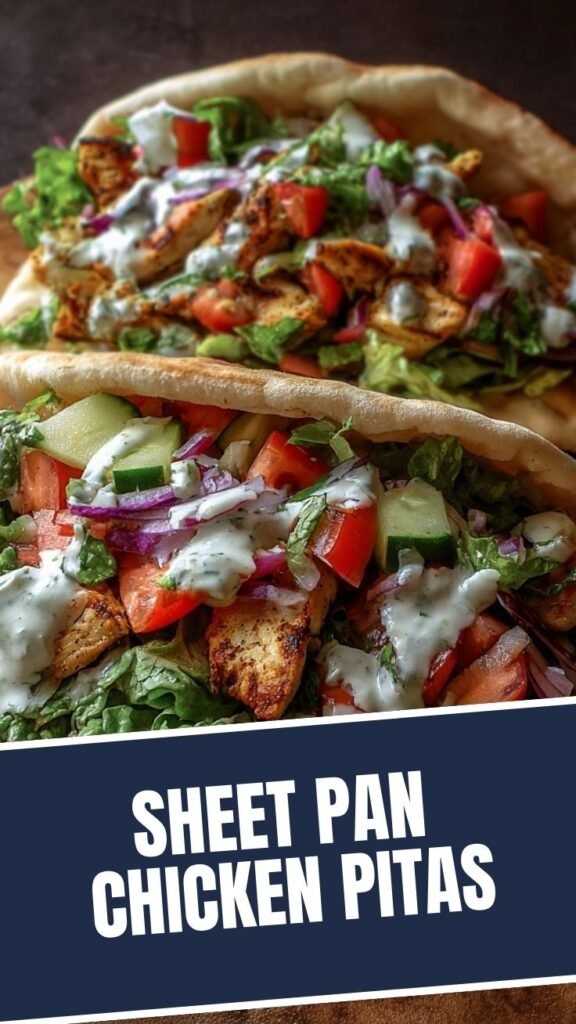 Sheet pan chicken pitas with fresh vegetables and a creamy sauce