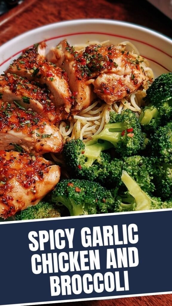A vibrant plate of spicy garlic chicken and broccoli, ready to eat.