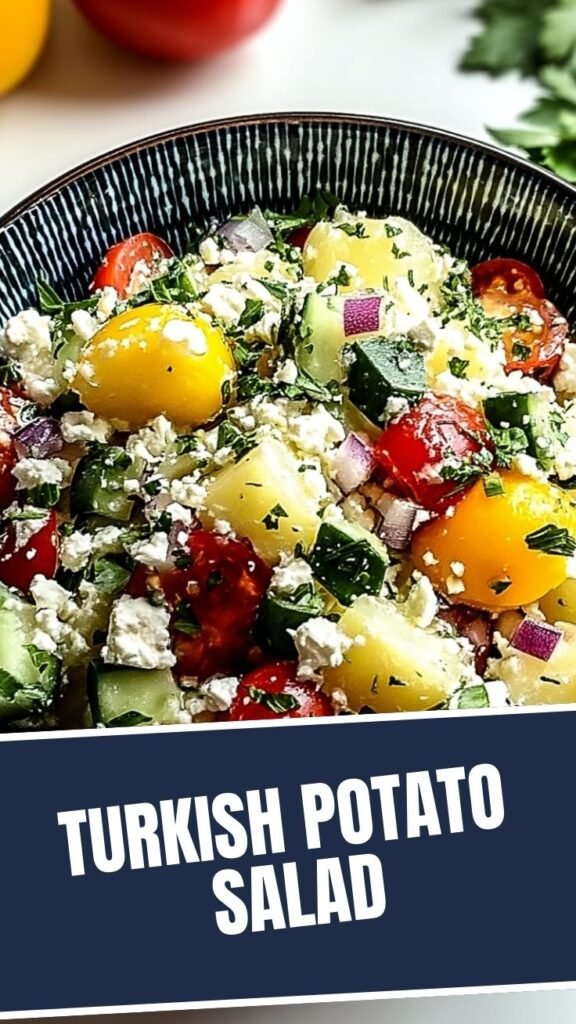 A vibrant bowl of Turkish potato salad with fresh herbs and spices