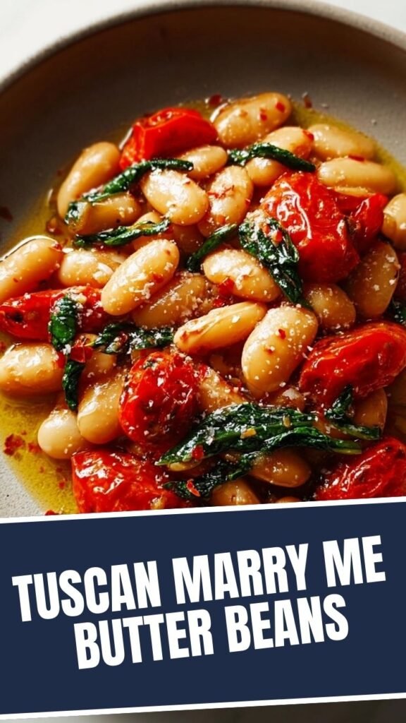 A bowl of rich Tuscan Marry Me Butter Beans, garnished with fresh herbs.