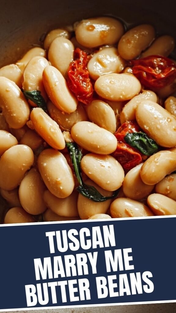 A serving of Tuscan Marry Me Butter Beans in a rustic bowl, garnished with fresh herbs.