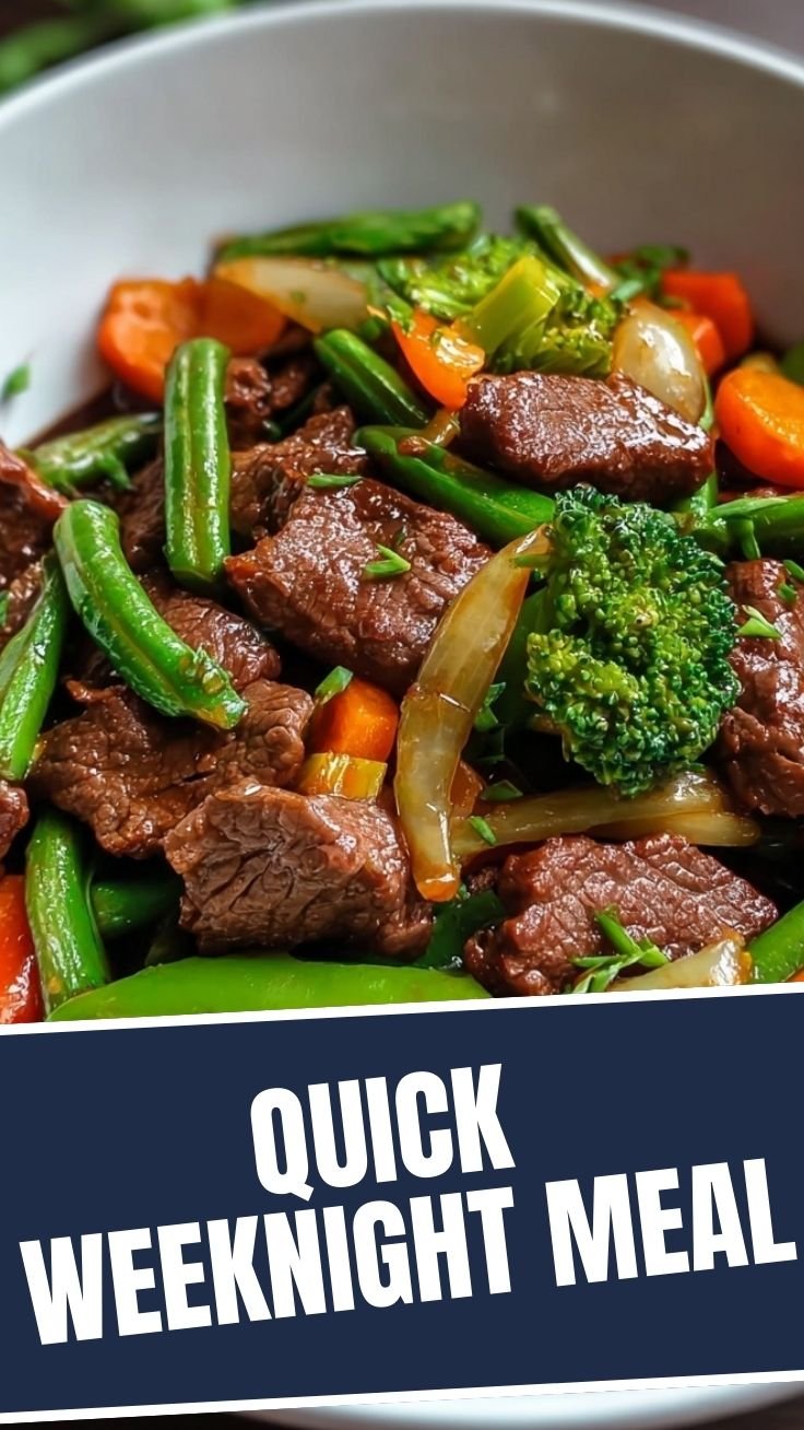 Beef stir fry in a skillet