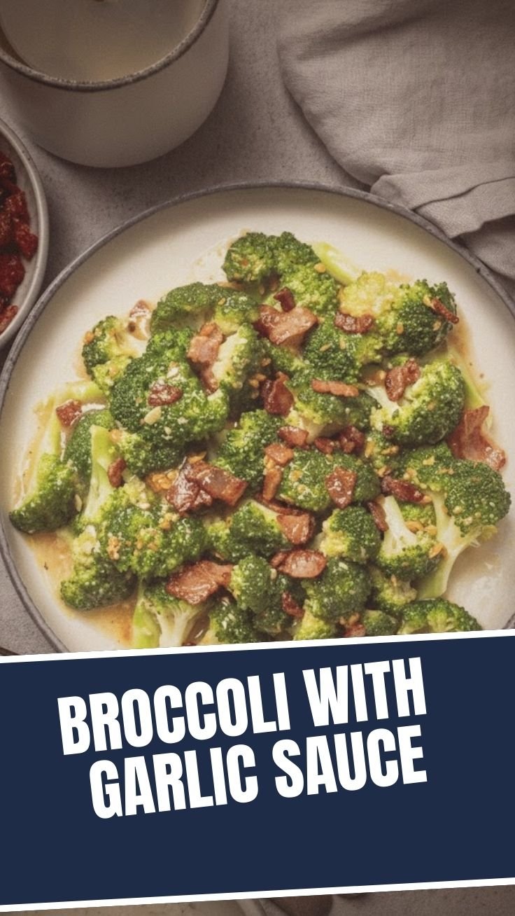 Broccoli with garlic sauce in a dark bowl