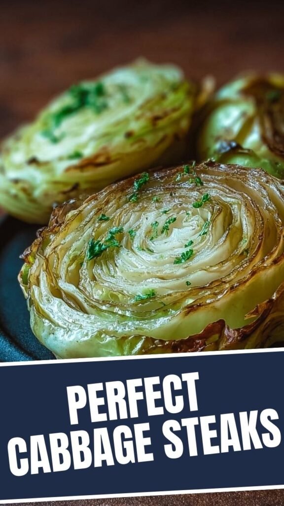 Close-up of perfectly seared cabbage steaks with visible grill marks.