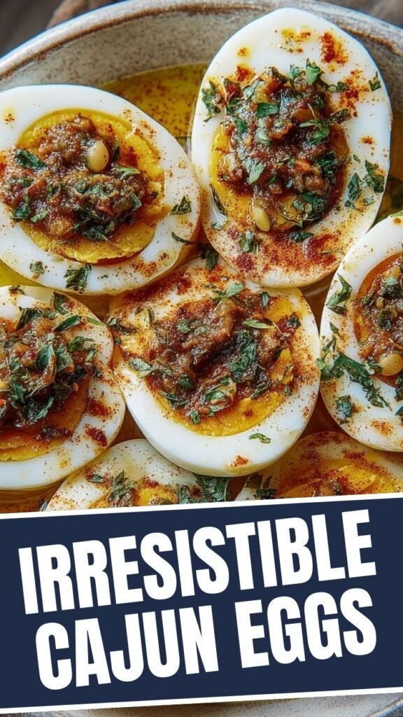 A close-up of Cajun boiled eggs, seasoned with vibrant spices.