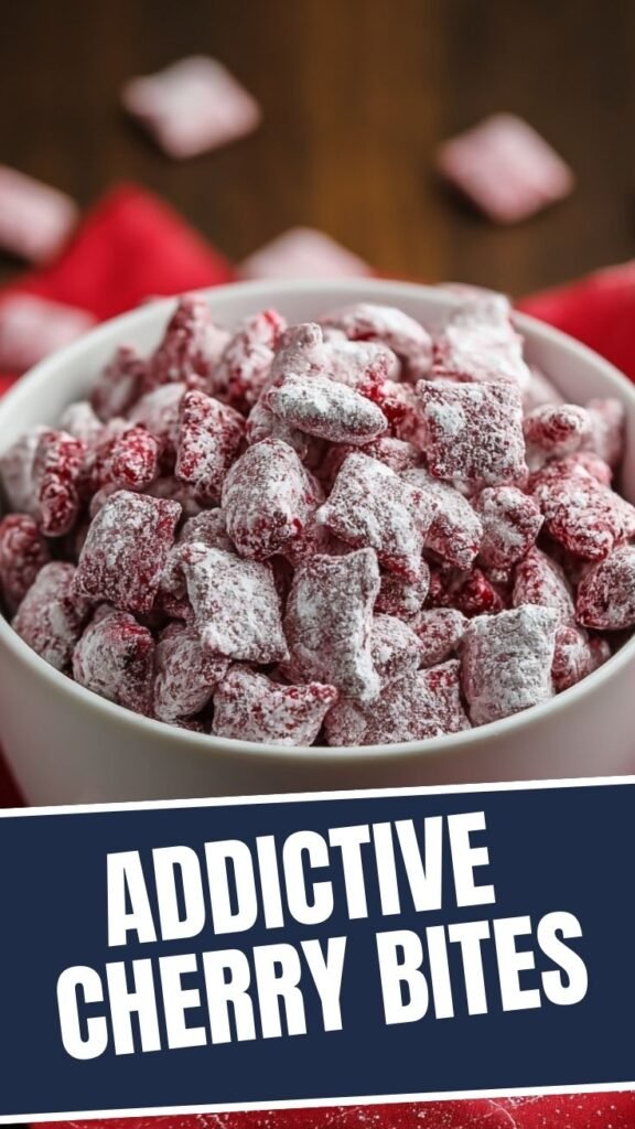 A vibrant bowl of cherry cheesecake puppy chow, glistening with powdered sugar and cherry pieces.