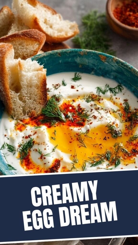 A serving of Çılbır: Turkish eggs with creamy yogurt, topped with chili oil and herbs.