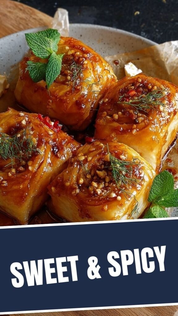 Crispy feta rolls drizzled with chili honey on a serving platter