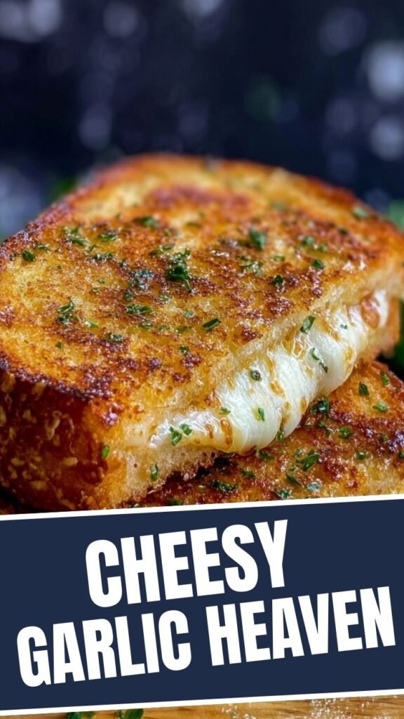 A perfectly golden garlic bread grilled cheese sandwich, cut in half