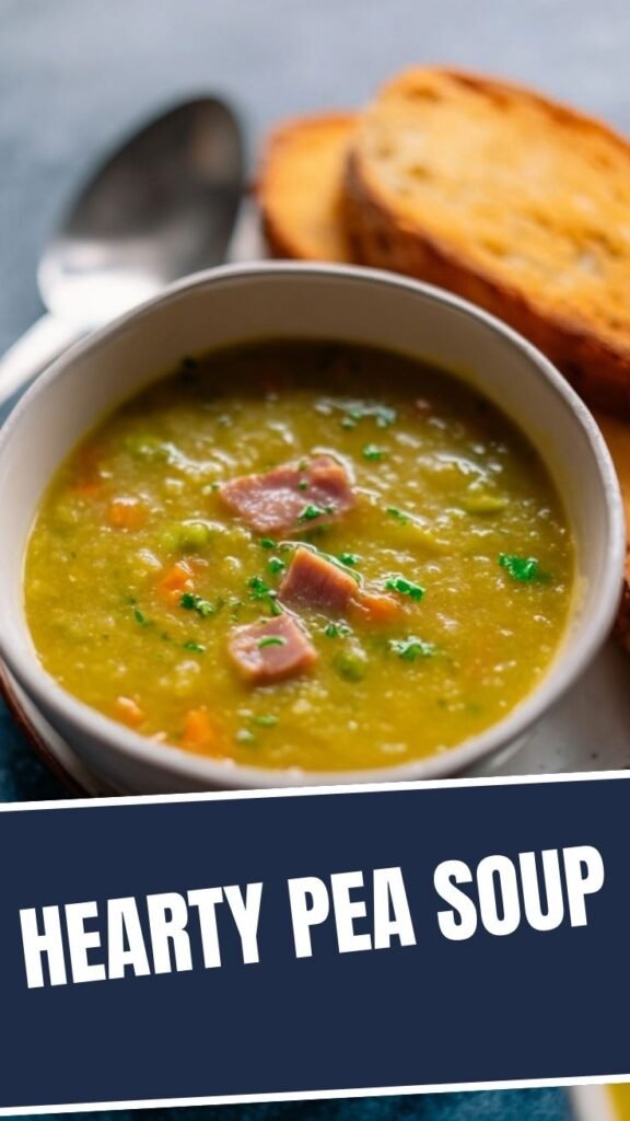 A steaming bowl of hearty split pea soup garnished with herbs.