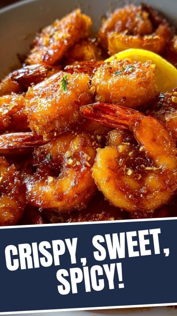 Platter of hot honey fried shrimp, glistening with sauce and garnished.