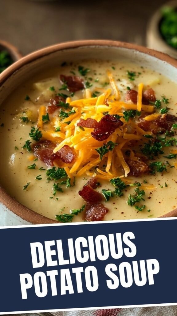 A steaming bowl of loaded potato soup topped with cheese and chives.