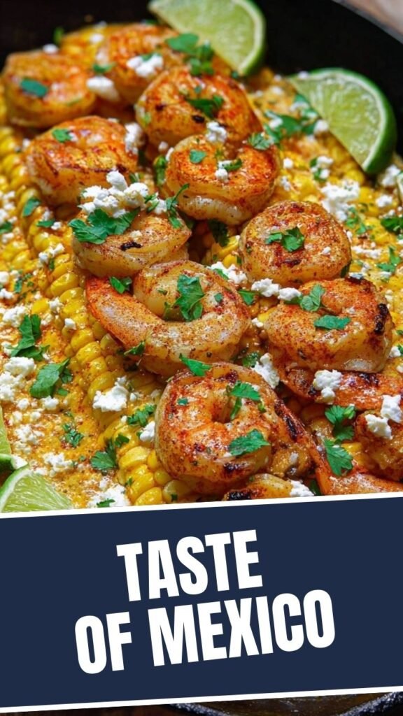 A vibrant plate of grilled Mexican street corn and shrimp, ready to be served.