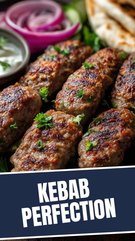 Grilled Middle Eastern Kofta Kebabs on skewers, served with fresh herbs.