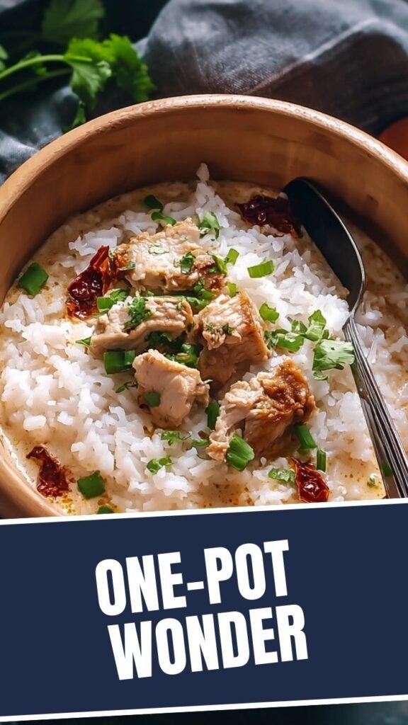 A steaming bowl of one-pot coconut chicken brothy rice