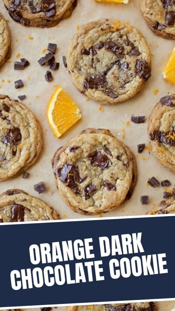 Rich orange dark chocolate cookies on a baking sheet, freshly baked