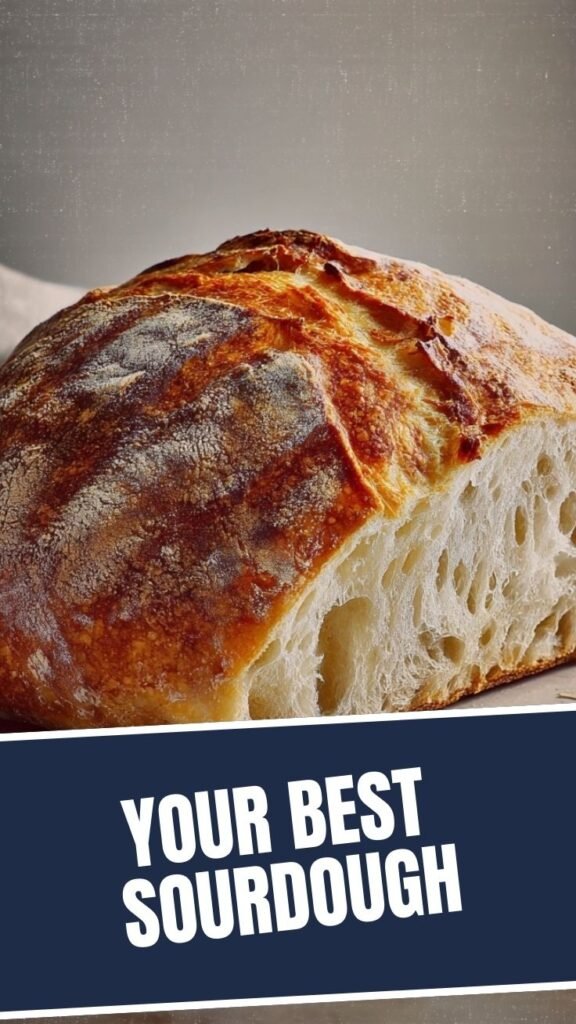 A perfectly baked, crusty loaf of sourdough bread with a distinct scoring pattern.