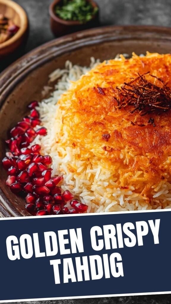 A serving of golden Persian crispy rice, known as Tahdig, on a white plate.