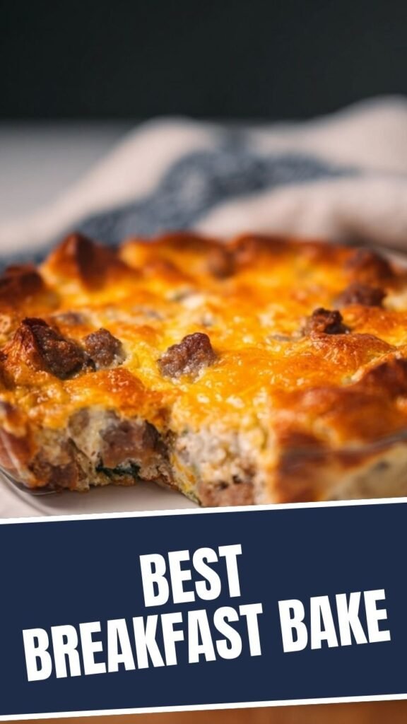 A freshly baked sausage and egg casserole with melted cheese and herbs.