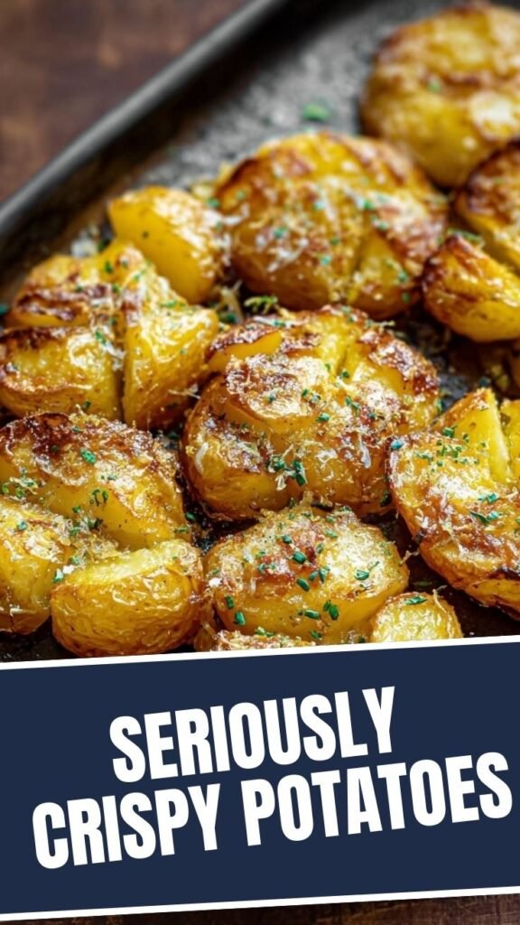 A close-up of crispy smashed potatoes, golden brown and garnished with herbs.