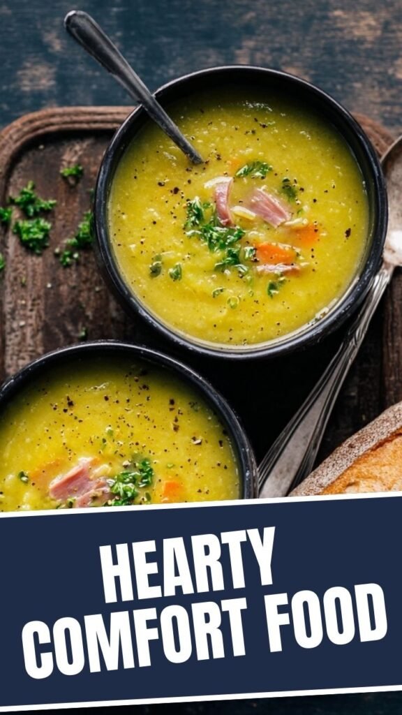A steaming bowl of vibrant green split pea soup with croutons.
