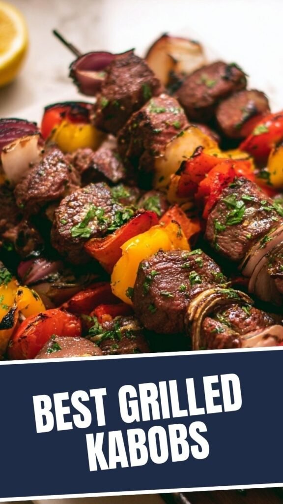 Juicy steak kabobs with colorful vegetables on a grill