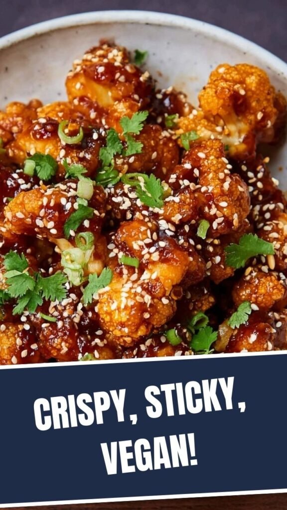 Close-up of sticky sesame cauliflower florets with garnish