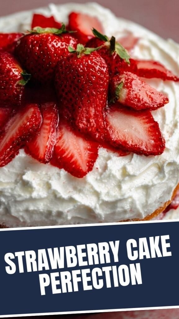 Delicious strawberry shortcake layer cake with fresh cream and berries