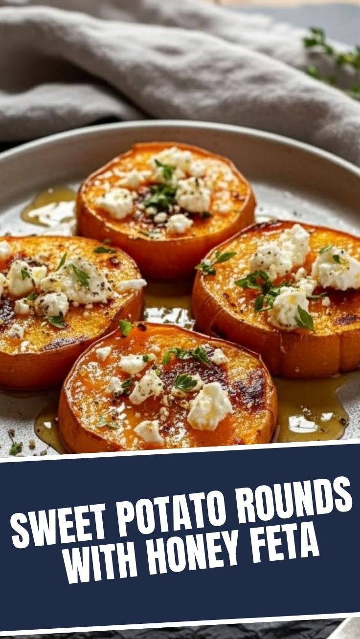 Sweet potato rounds with honey feta on serving platter