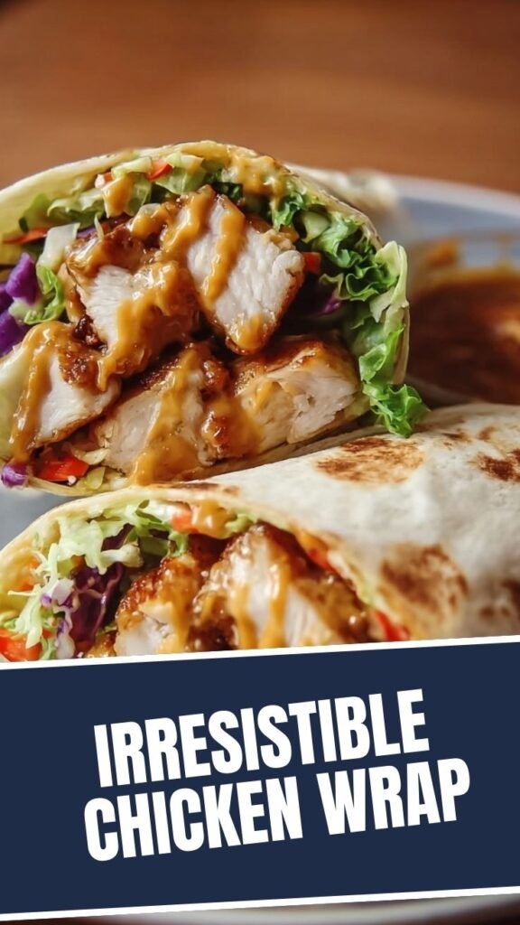 A freshly made Thai Peanut Chicken Wrap with crisp vegetables and sauce.