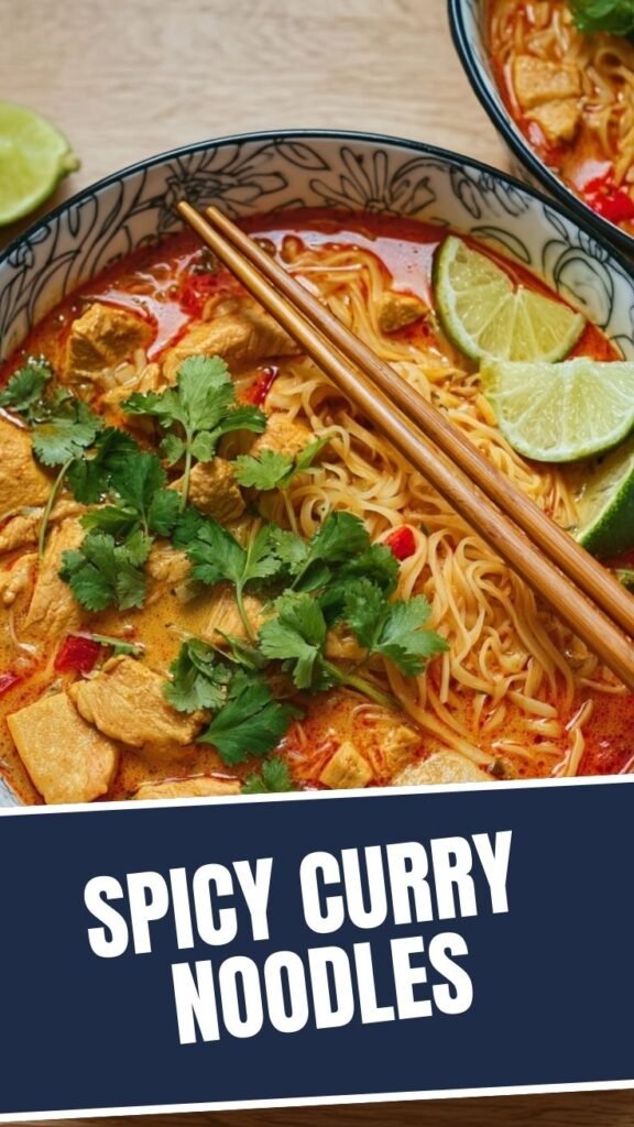 A bowl of rich Thai Red Curry Noodle Soup with fresh herbs and lime.