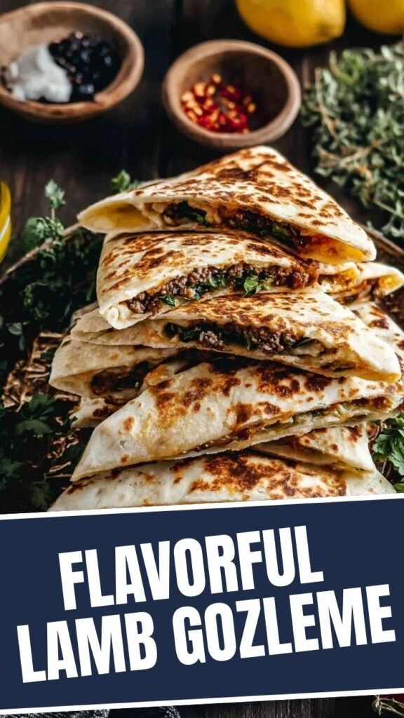 A close-up of a freshly made Turkish gozleme filled with seasoned lamb mixture, folded and cooked until golden brown.