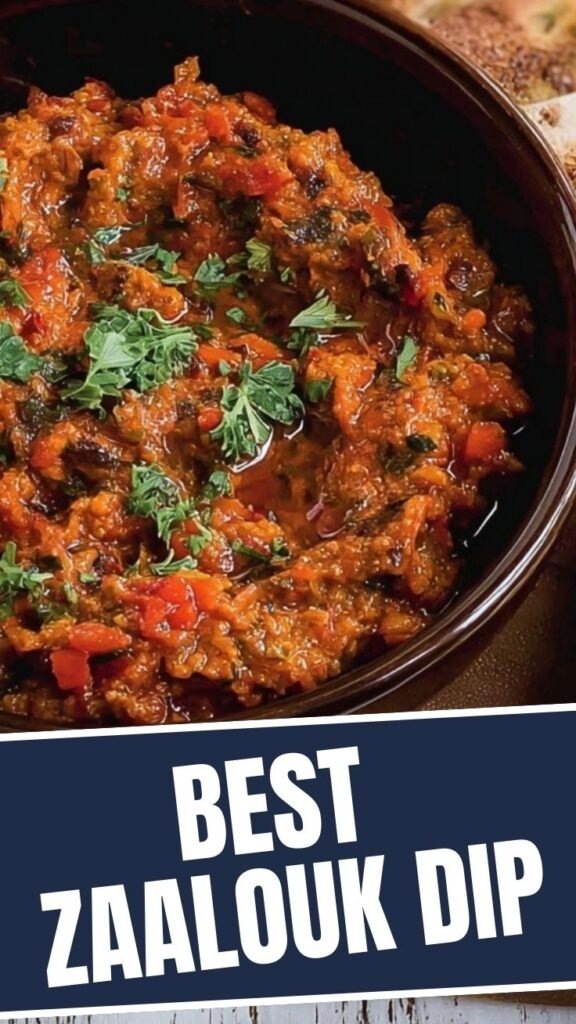 A vibrant bowl of Moroccan eggplant and tomato zaalouk dip, garnished with fresh herbs.