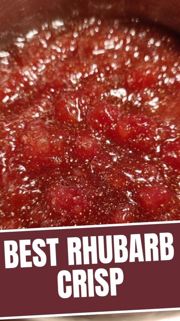 A freshly baked rhubarb crisp, golden brown and bubbly from the oven.