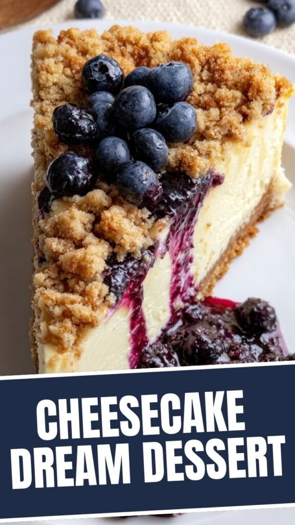 A delectable blueberry crumble cheesecake with a golden topping