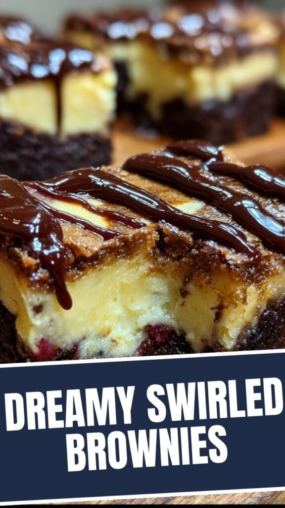 A close-up of freshly baked cheesecake brownies with a visible swirl pattern.